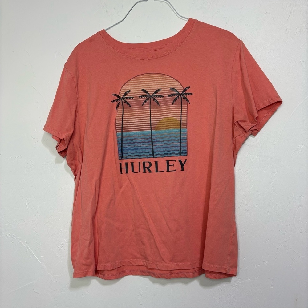 Hurley Coral Palm Sunset Graphic Tee Women's Large Cotton Blend Short Sleeve